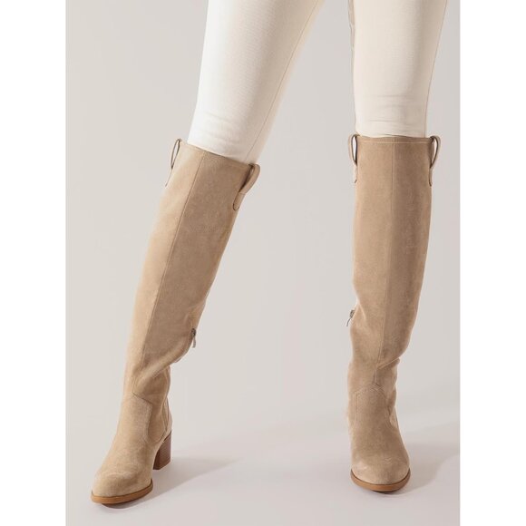 Women's Nude Faux Suede Over The Knee Thigh High Chunky Heel Pointed Toe Boots - Picture 5 of 6